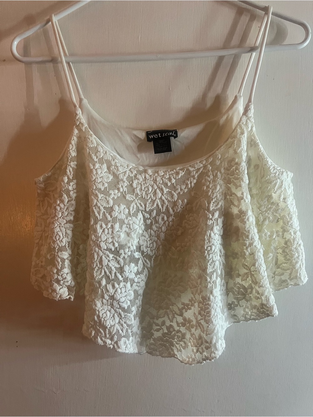 Wet Seal White Lace Off-Shoulder Camisole with Spaghetti Straps